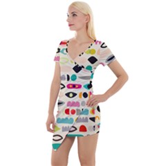 Scandinavian Folk Art Eye Spy Short Sleeve Asymmetric Mini Dress by andStretch