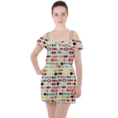 Scandinavian Folk Art Eye Spy Ruffle Cut Out Chiffon Playsuit by andStretch