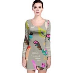 Scandinavian Birds Feather Weather Long Sleeve Velvet Bodycon Dress