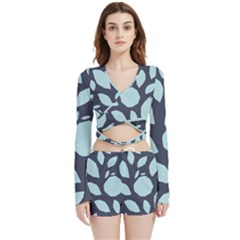 Orchard Fruits In Blue Velvet Wrap Crop Top And Shorts Set