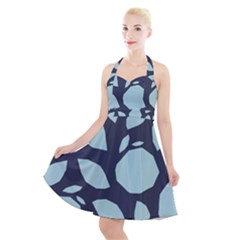 Orchard Fruits In Blue Halter Party Swing Dress 