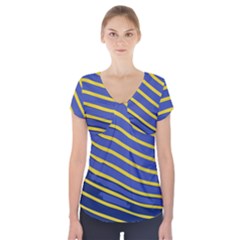 Yellow Blue Stripped Fish Short Sleeve Front Detail Top by LoolyElzayat