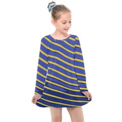 Yellow Blue Stripped Fish Kids  Long Sleeve Dress by LoolyElzayat