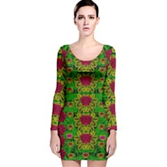 Rainbow Forest The Home Of The Metal Peacocks Long Sleeve Velvet Bodycon Dress by pepitasart