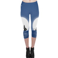 Boat Silhouette Moon Sailing Capri Leggings  by HermanTelo