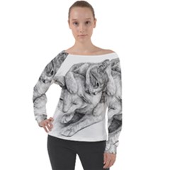 Cat Drawing Art Off Shoulder Long Sleeve Velour Top