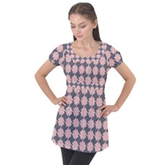 Retro Pink And Grey Pattern Puff Sleeve Tunic Top