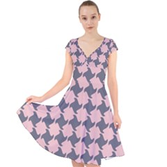 Retro Pink And Grey Pattern Cap Sleeve Front Wrap Midi Dress