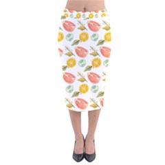 Citrus Gouache Pattern Velvet Midi Pencil Skirt