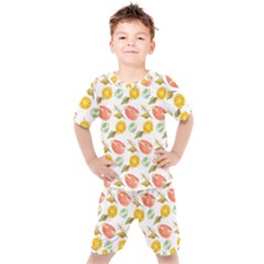 Citrus Gouache Pattern Kids  Tee And Shorts Set by EvgeniaEsenina