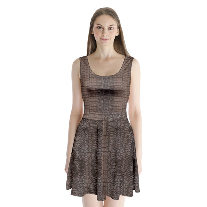 Brown Alligator Leather Skin Split Back Mini Dress 