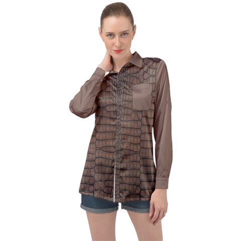 Brown Alligator Leather Skin Long Sleeve Satin Shirt by LoolyElzayat