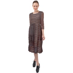 Brown Alligator Leather Skin Ruffle End Midi Chiffon Dress by LoolyElzayat