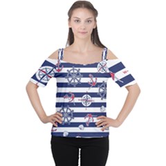 Seamless-marine-pattern Cutout Shoulder Tee