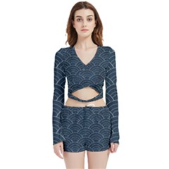 Blue Sashiko Pattern Velvet Wrap Crop Top And Shorts Set by goljakoff