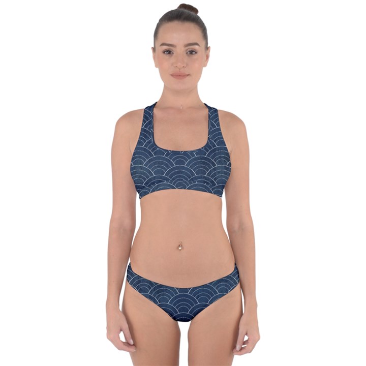Blue Sashiko pattern Cross Back Hipster Bikini Set
