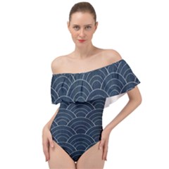 Blue Sashiko Pattern Off Shoulder Velour Bodysuit  by goljakoff
