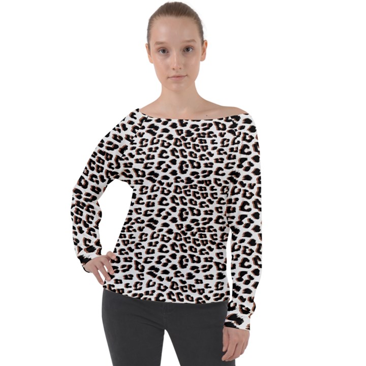 3d Leopard Print Black Brown White Off Shoulder Long Sleeve Velour Top