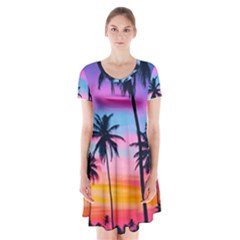 Sunset Palms Short Sleeve V-neck Flare Dress