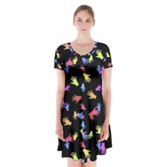 Multicolored Hands Silhouette Motif Design Short Sleeve V-neck Flare Dress