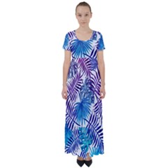 Blue Tropical Leaves High Waist Short Sleeve Maxi Dress