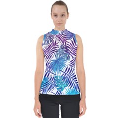 Blue Tropical Leaves Mock Neck Shell Top by goljakoff