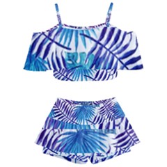 Blue Tropical Leaves Kids  Off Shoulder Skirt Bikini by goljakoff