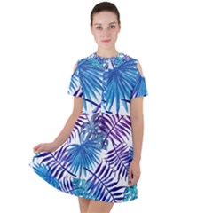 Blue Tropical Leaves Short Sleeve Shoulder Cut Out Dress  by goljakoff