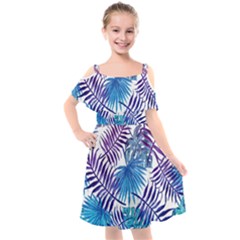 Blue Tropical Leaves Kids  Cut Out Shoulders Chiffon Dress