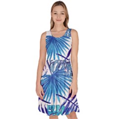 Blue Tropical Leaves Knee Length Skater Dress With Pockets by goljakoff