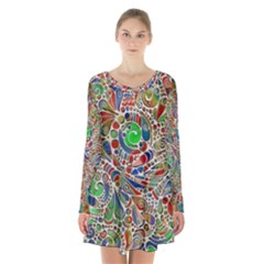 Pop Art - Spirals World 1 Long Sleeve Velvet V-neck Dress