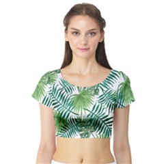Green Tropical Leaves Short Sleeve Crop Top by goljakoff