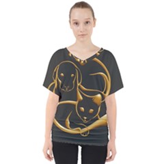 Gold Dog Cat Animal Jewel V-neck Dolman Drape Top by HermanTelo