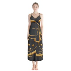 Gold Dog Cat Animal Jewel Button Up Chiffon Maxi Dress