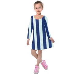 Navy In Vertical Stripes Kids  Long Sleeve Velvet Dress