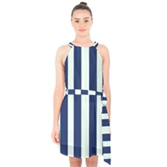 Navy In Vertical Stripes Halter Collar Waist Tie Chiffon Dress by Janetaudreywilson