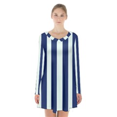 Navy In Vertical Stripes Long Sleeve Velvet V-neck Dress by Janetaudreywilson