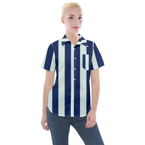 Navy In Vertical Stripes Women s Short Sleeve Pocket Shirt by Janetaudreywilson