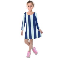 Navy In Vertical Stripes Kids  Long Sleeve Velvet Dress by Janetaudreywilson