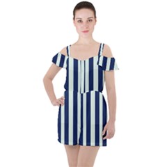 Navy In Vertical Stripes Ruffle Cut Out Chiffon Playsuit by Janetaudreywilson