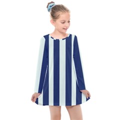 Navy In Vertical Stripes Kids  Long Sleeve Dress