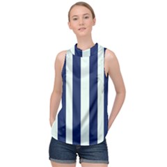 Navy In Vertical Stripes High Neck Satin Top