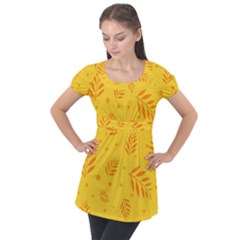 Abstract Yellow Floral Pattern Puff Sleeve Tunic Top