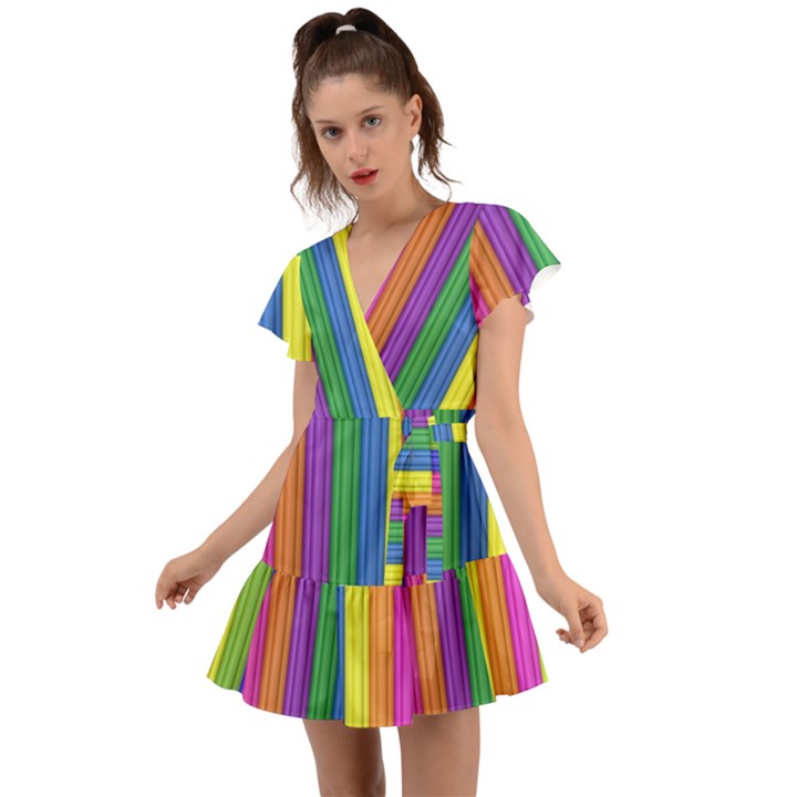 Colorful Spongestrips Flutter Sleeve Wrap Dress