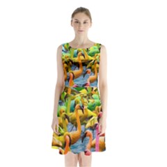 Rainbow Flamingos Sleeveless Waist Tie Chiffon Dress