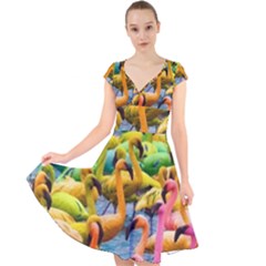 Rainbow Flamingos Cap Sleeve Front Wrap Midi Dress