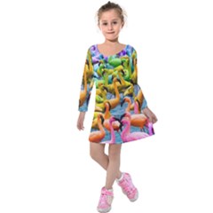 Rainbow Flamingos Kids  Long Sleeve Velvet Dress