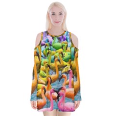 Rainbow Flamingos Velvet Long Sleeve Shoulder Cutout Dress