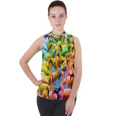 Rainbow Flamingos Mock Neck Chiffon Sleeveless Top