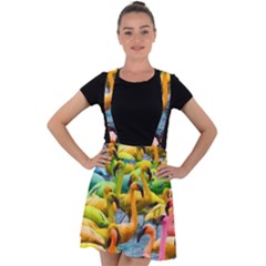 Rainbow Flamingos Velvet Suspender Skater Skirt